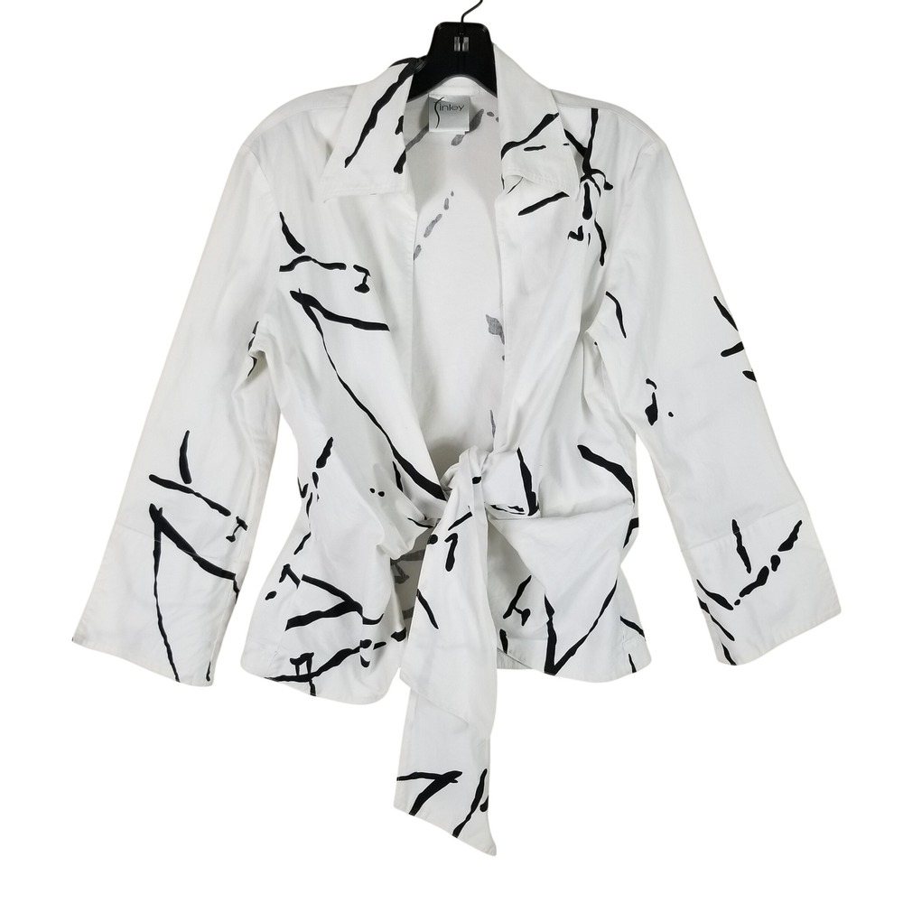 Finley Tie Front Wrap Top Womens Large White Black Abstract Brushstroke 025059C